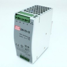 DR-75-12, Преобразователь AC-DC на DIN-рейку  75Вт, выход 12В/6.3A, рег. вых=±10%Uном, вход 85…264V AC, 47…63Гц /120…370В DC, изоляция 3000В AC, в кожухе  100х56х125мм, -10…+50°С