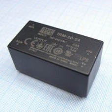 IRM-20-24, AC-DC, 21.6 Вт, вход 85...264В AC 47...440 Гц, 120...370B DC, выход 24В/0.9А, изоляция 3000В AC, в корпусе на плату 52.4x27x24мм, -30...+70°C