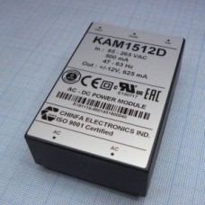 KAM1512D, AC-DC, 15Вт, выход: ±12В/±0.625A, вход 85…265V AC, 47…63Гц / 120...370V DC,  изоляция 3000V AC, в кожухе 76х51х23мм, -20…+50°С