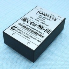 KAM1515, AC-DC, 15Вт, выход 15В/1A, рег. вых=±10%Uном, вход 85…265V AC, 47…63Гц / 120...370V DC,  изоляция 3000V AC, в кожухе 76х51х23мм, -20…+50°С