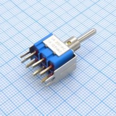MTS-223 A-2 (без резьбы), тумблер (ON)-OFF-(ON) 2 группы контактов 3А 250В на плату
